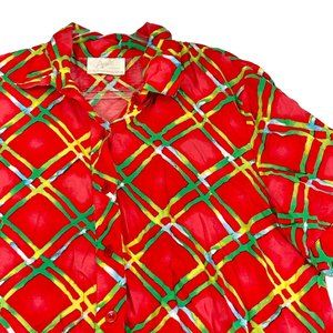 Vintage ARIELLA LONDON EUR 44 UK 18 US 14 Red Green Abstract Blouse Short Sleeve